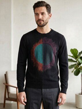 PS Paul Smith Merino Wool Abstract Graphic Sweater, Black, Mens Size Large